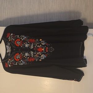 St. Lareina, New, Embroidered Black Boho Floral Popover Tunic Shirt, Size XXL